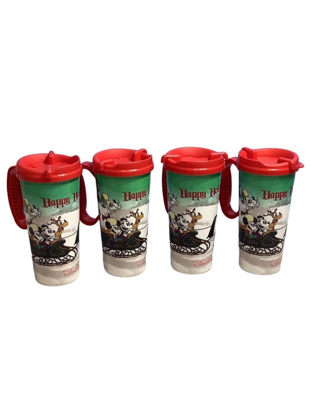 4 Disney Theme Park Souvenir Cup Happy Holidays Plastic Character Lid Vintage